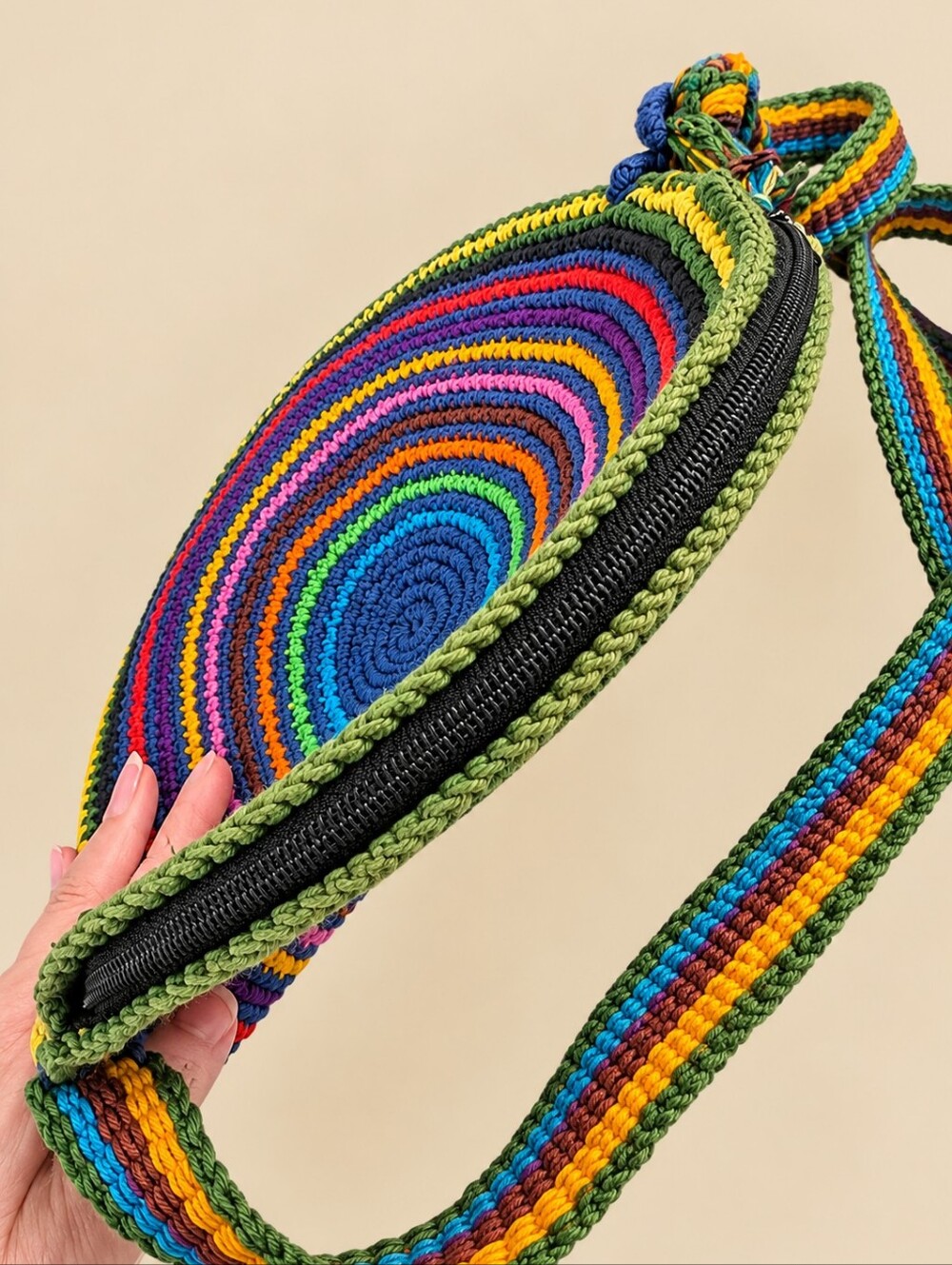 Round Crochet Crossbody Purse Rainbow Bag Fringe Zippered Boho Festival Artisan - Picture 5 of 8
